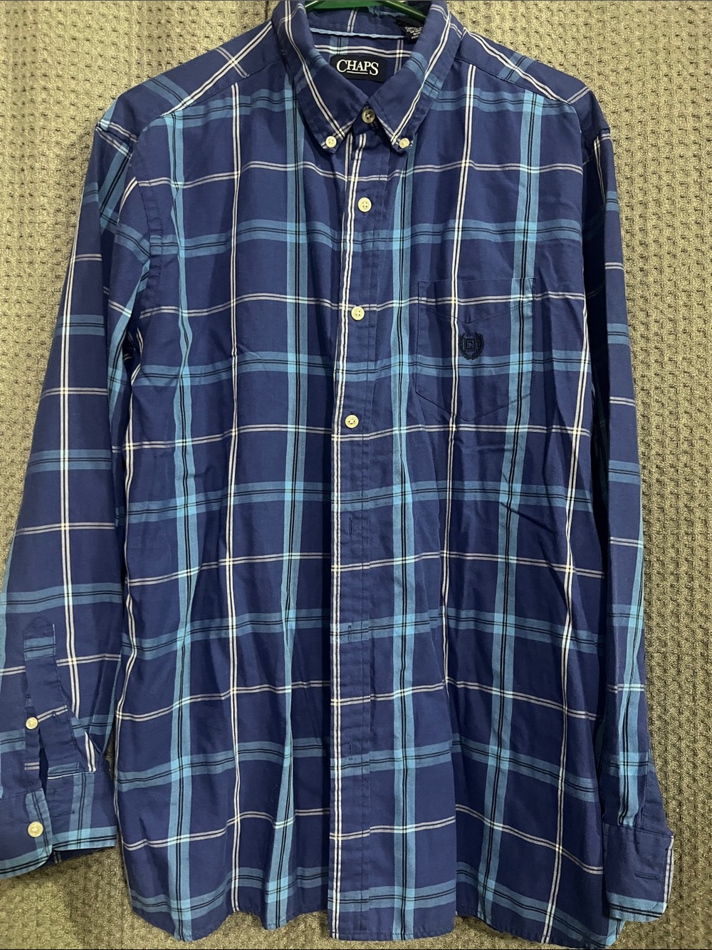 Chaps Men's Navy and Light Blue Plaid Button-Down Shirt